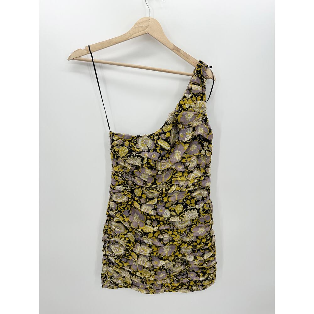 Zara Women Metallic Floral One Shoulder Mini Ruffle‎ Bodycon Dress Multicolor M